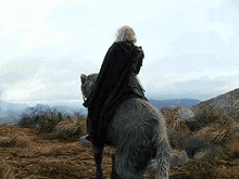 a man in a black cape is riding a horse in a field .