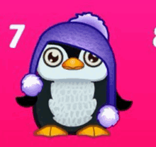 a penguin is wearing a purple hat and gloves .