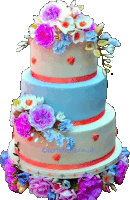 a three tiered cake decorated with pink and blue flowers and the words tortabella.co.uk on the bottom