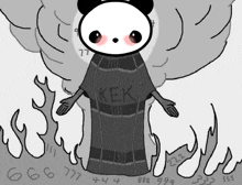 a black and white drawing of a panda wearing a shirt that says " kek "