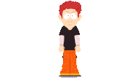 a cartoon character with red hair and orange pants is standing in front of a white background