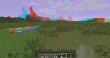 a screenshot of a minecraft game shows a field with a purple sky in the background