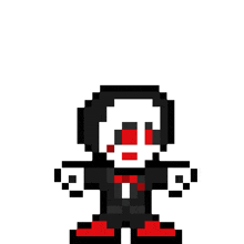 a pixel art of a man in a suit and tie with red eyes and a red bow tie .