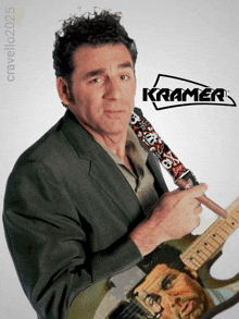 a man in a suit is holding a guitar with the word kramer on it