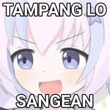 a cartoon girl with purple eyes and white hair is making a funny face with the words tampang lo sangean .