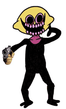 a cartoon character with a lemon on his head is holding a gun in his hand .