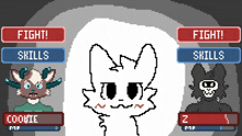 a pixel art of a cat with the words fight skills and fight skills