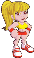 a cartoon drawing of a female athlete with a yellow top and red shorts