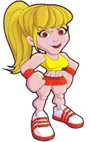 a cartoon drawing of a female athlete with a yellow top and red shorts