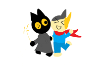 a cartoon drawing of a black cat holding a wand next to a boy