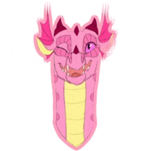 a drawing of a pink dragon with glasses and a yellow tail