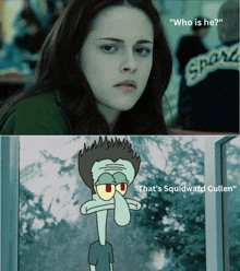 a cartoon of squidward cullen talking to a girl