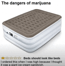 an inflatable bed that says the dangers of marijuana on top