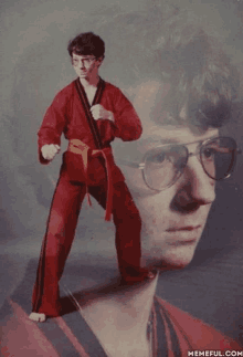 a man wearing glasses and a red karate uniform has a memeful.com logo on the bottom right