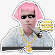 a sticker of a man wearing sunglasses and a pink wig