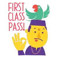 an illustration of a man with a parrot on top of his head that says first class pass