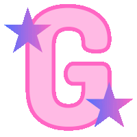 a pink letter g with two purple stars on it