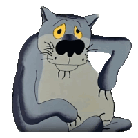 a cartoon cat with yellow eyes is sitting down with its paw on its head