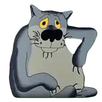 a cartoon cat with yellow eyes is sitting down with its paw on its head