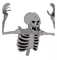 a black and white drawing of a skeleton with its arms outstretched on a white background .