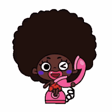 a cartoon girl with a big afro is talking on a pink telephone .