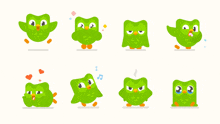 a set of green owls with different expressions on their faces