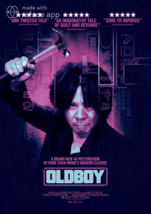 a movie poster for oldboy shows a man with a hammer