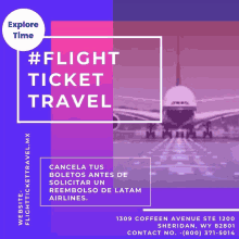 an advertisement for flight ticket travel shows an airplane taking off