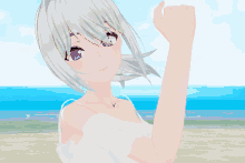 a girl with white hair and purple eyes is standing in front of the ocean