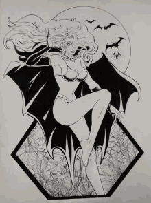 a black and white drawing of a woman with bats and the name krau on it