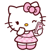 a drawing of hello kitty holding a cell phone with a heart on it