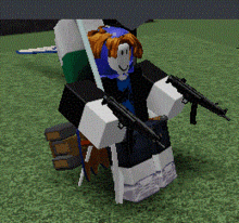 a roblox character is holding a gun in a field