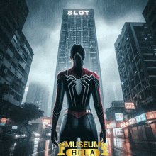 a woman in a spiderman costume stands in front of a building that says slot on it