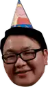 a man wearing glasses and a party hat with a pig on it .