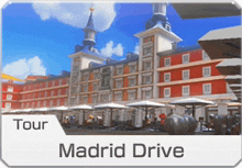 an advertisement for a tour of madrid drive shows a large red building