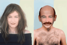 a woman with long hair and a man with a mustache