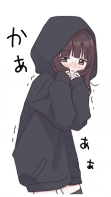 a girl is wearing a black hoodie with chinese writing on it .