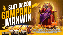 an advertisement for slot gacor gampang maxwin shows a king on a throne