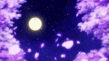 a full moon shines brightly in a night sky with purple clouds and cherry blossom petals falling .