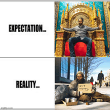 a picture of a man sitting on a throne next to a picture of a homeless man