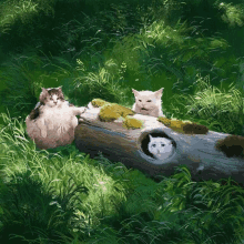 a painting of three cats sitting on a log in the grass