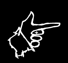 a white drawing of a hand pointing to the right with a cross on it .