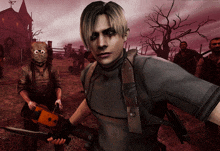 a man is holding a chainsaw in a video game scene