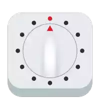 a white button with black circles and a red triangle in the middle