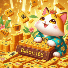 a cat with a crown sits on a stack of gold coins and a sign that says balon 168