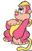 a pink and yellow cartoon monkey with a yellow tail is sitting down