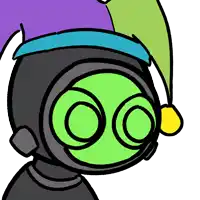 a cartoon drawing of a robot with a green face and a purple hat