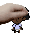 a pixel art of a person putting a baby 's head on their head .