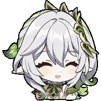 a cartoon of a girl with white hair and green leaves on her head .