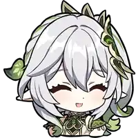 a cartoon of a girl with white hair and green leaves on her head .